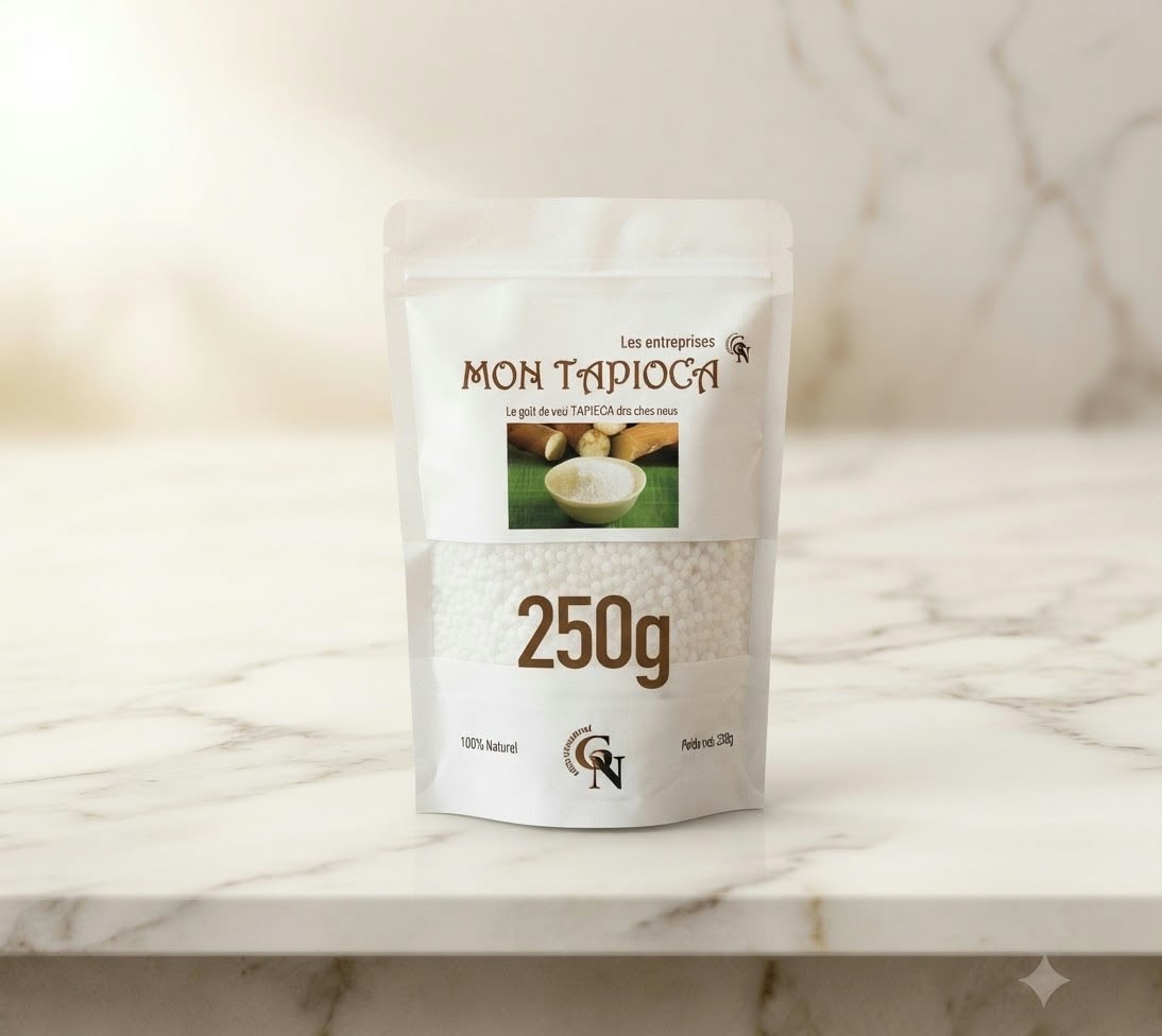 Sachet blanc Mon Tapioca 250 g sur un plan de travail en marbre