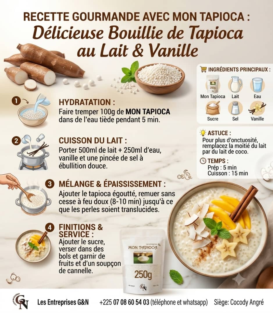 Fiche recette : Bouillie de tapioca au lait et à la vanille